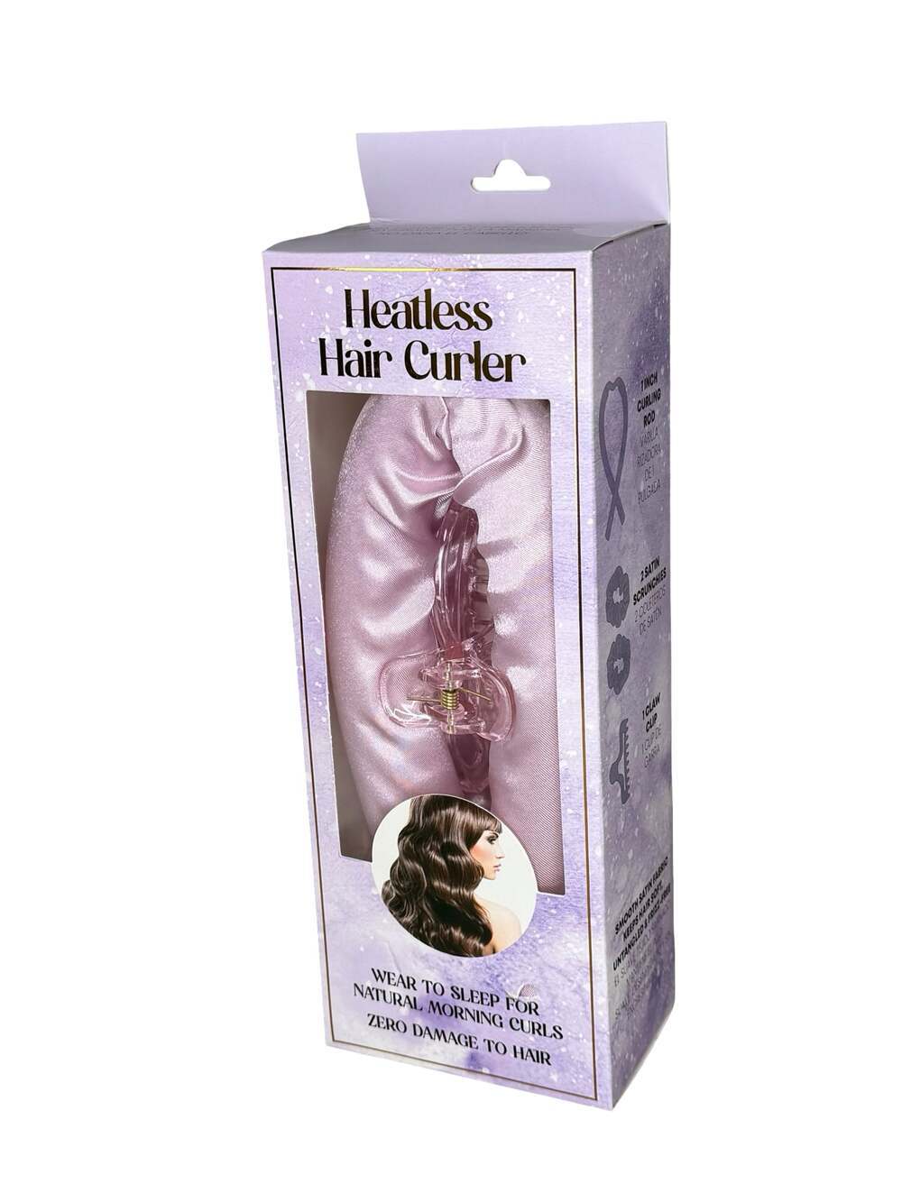 Heatless Hair Curler Set with Satin Rod, 2 Scrunchies, and Claw Clip Purple